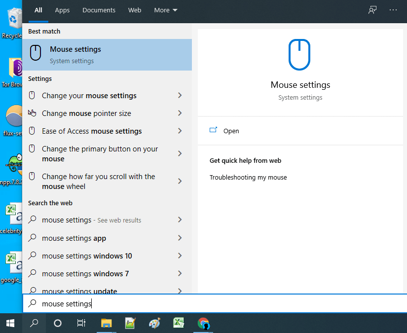 type on search box mouse settings